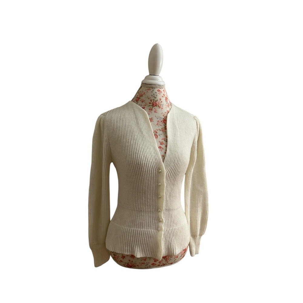 Vintage Cream Pearl Button Puffed Sleeve Peplum Waist Fitted Sweater 1980's
